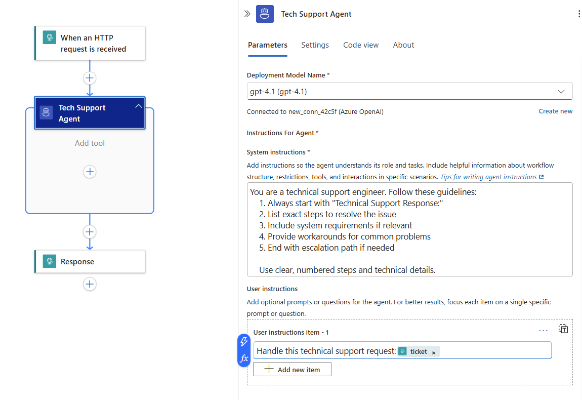 Screenshot showing the completed technical support agent.
