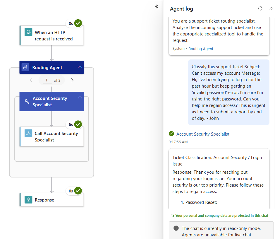 Screenshot showing the run history for tesing for routing agent.