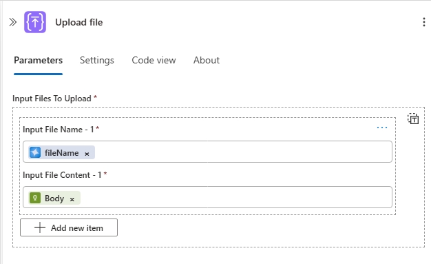 Screenshot shows the final result of the Upload file action.