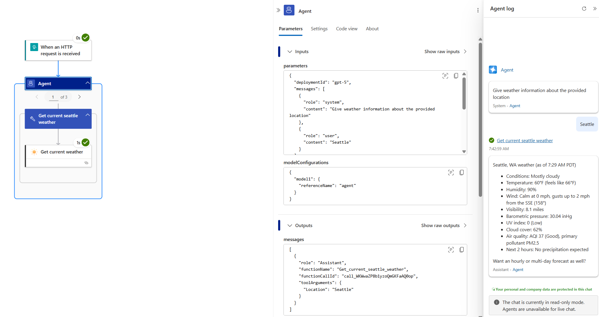 Screenshot shows monitoring view with successful tool and action call.