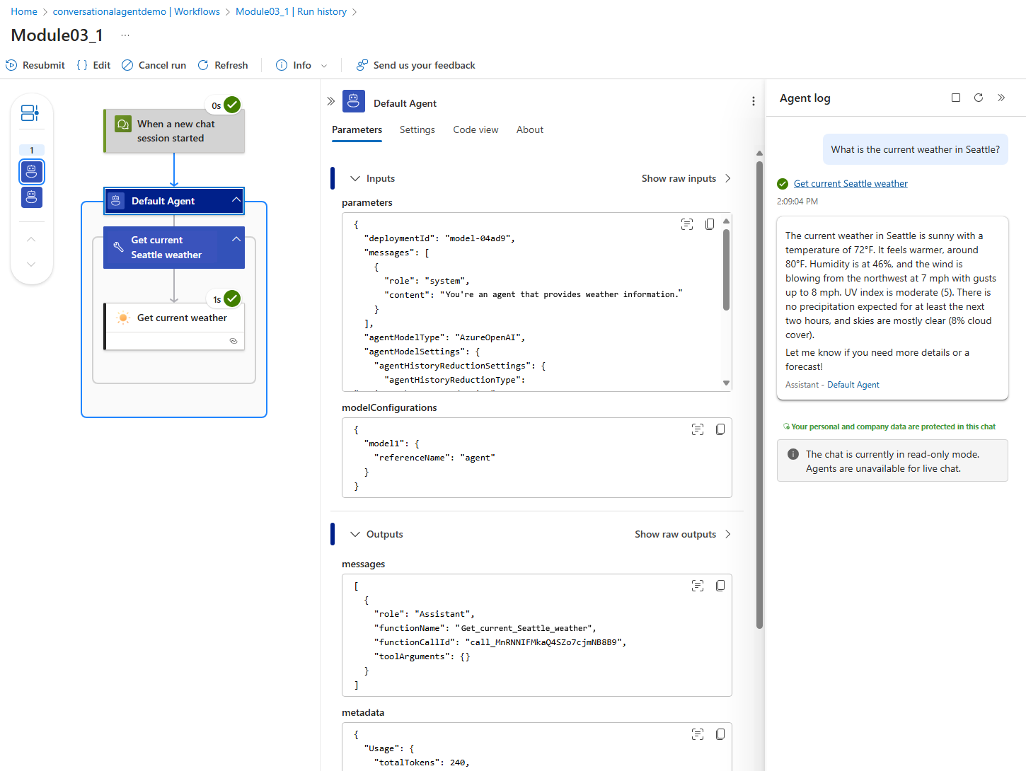 Screenshot shows monitoring view with successful tool and action call.