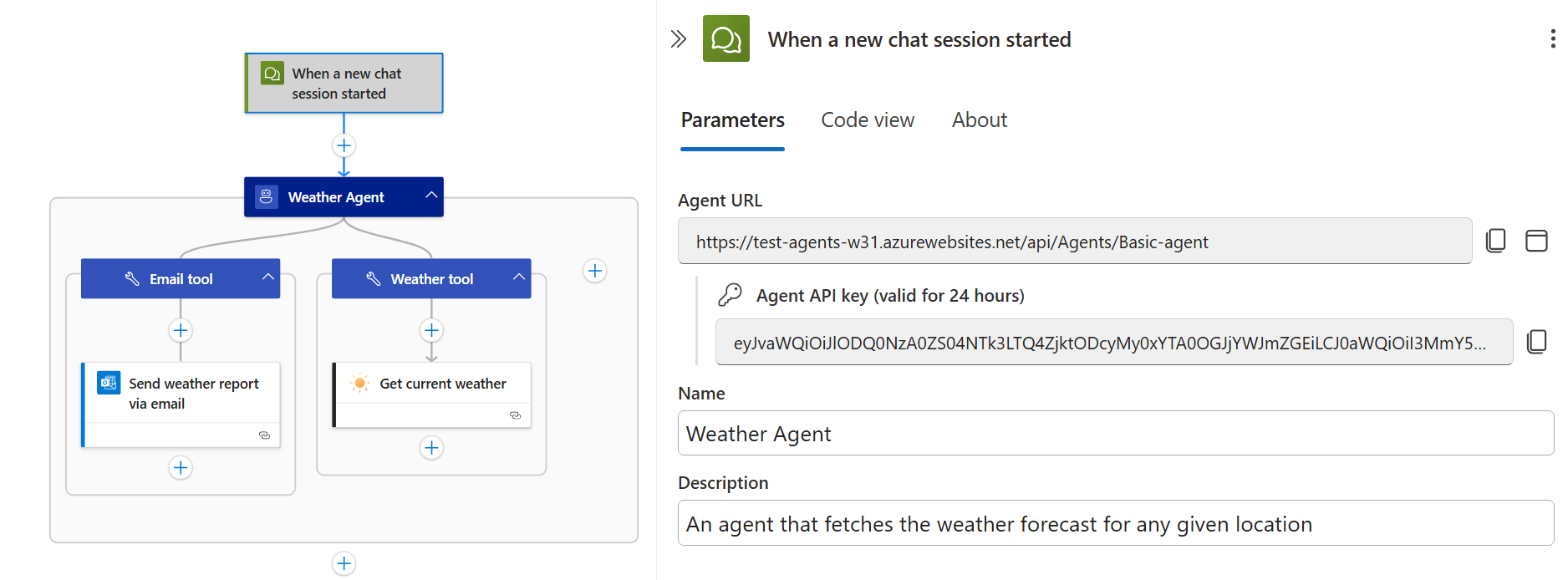 Screenshot shows Azure portal and designer with example conversational agent workflow.