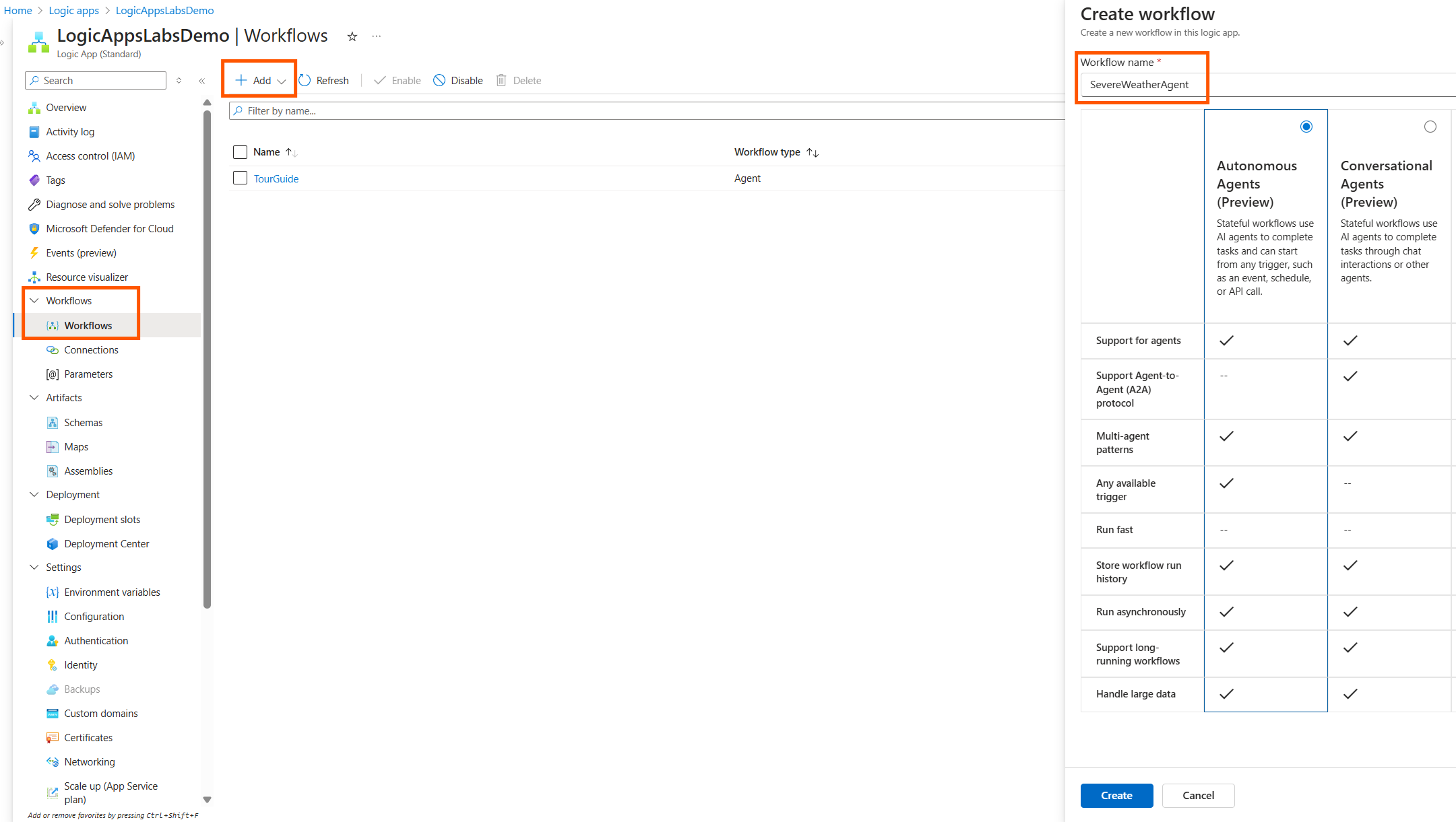 Screenshot shows adding a new autonomous workflow