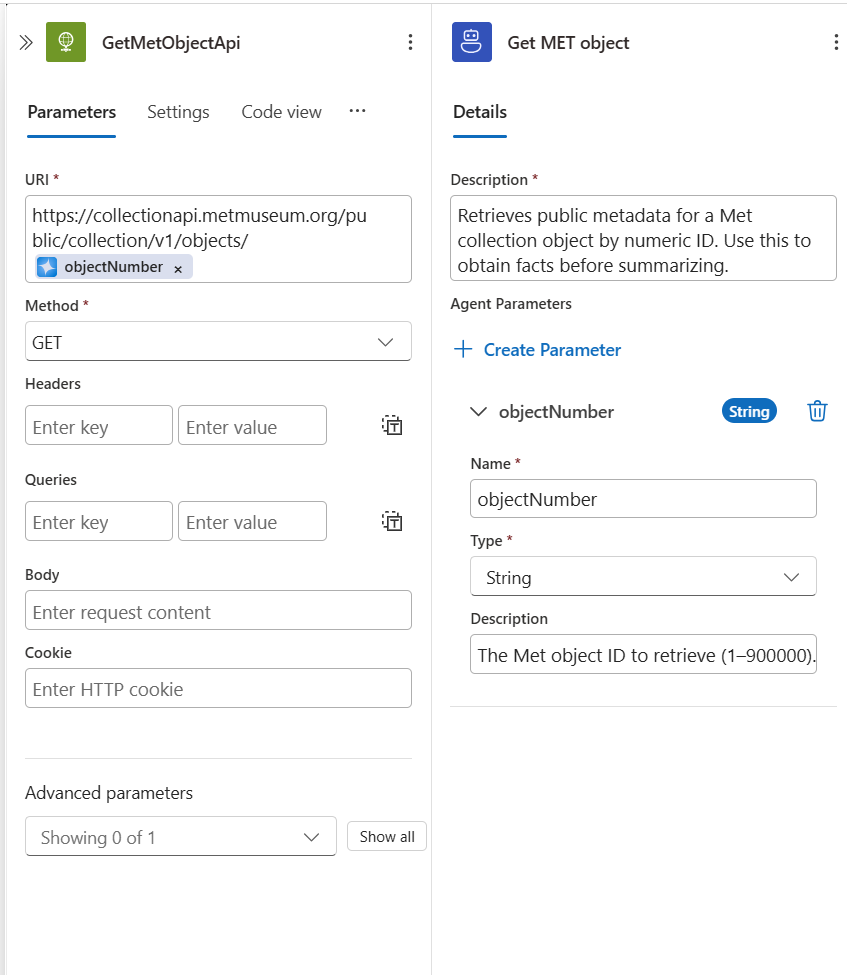 Screenshot shows configuring the tool and http action
